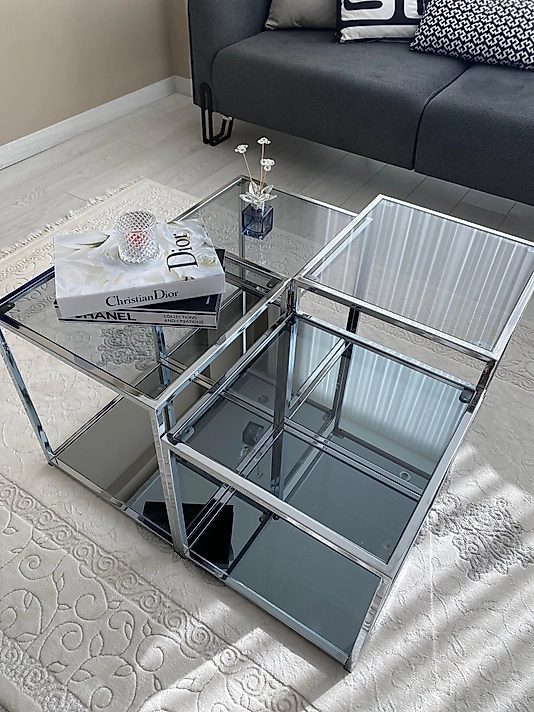 PARLAK KROM PRAMİD ORTA SEHPA ÜST FÜME CAM ALT FÜME AYNA