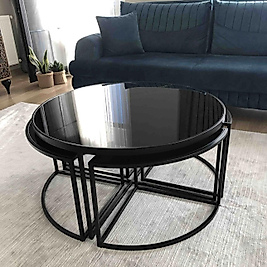 SİYAH YUVARLAK 4+1 PİZZA ORTA SEHPA KOMPLE SİYAH AYNA