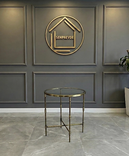 ESKİTME KAPLAMA TORNALI YUVARLAK YAN SEHPA ŞEFFAF CAM