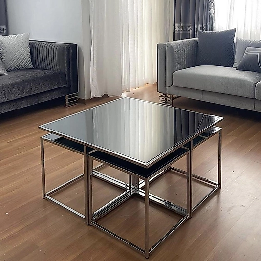 PARLAK KROM KARE 4+1 PİZZA ORTA SEHPA KOMPLE FÜME AYNA