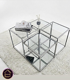 PARLAK KROM PRAMİD ORTA SEHPA ÜST ŞEFFAF CAM ALT KLASİK AYNA