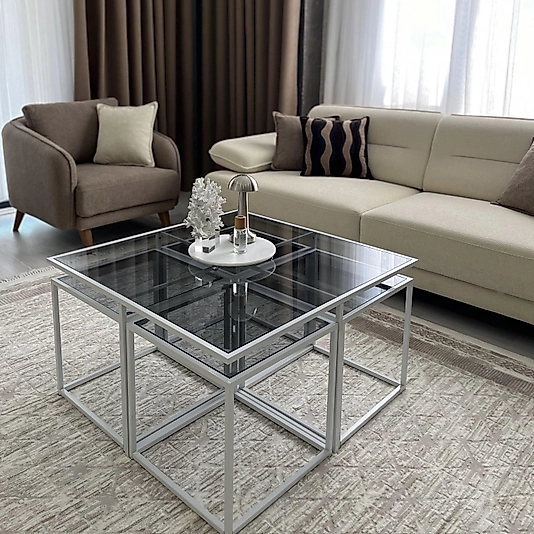 BEYAZ KARE 4+1 PİZZA ORTA SEHPA KOMPLE FÜME CAM