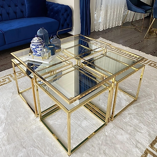 PARLAK GOLD KARE 4+1 PİZZA ORTA SEHPA ÜST ŞEFAF CAM ALT KLASİK AYNA